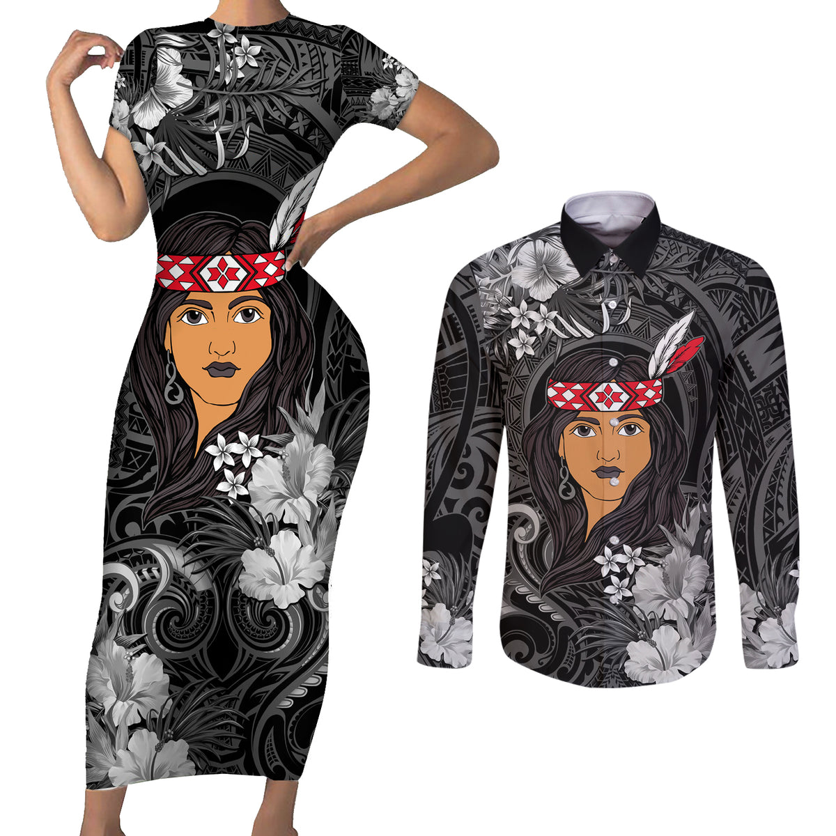 New Zealand Custom Women's Day Couples Matching Short Sleeve Bodycon Dress and Long Sleeve Button Shirt Maori Girl Feathers of Hope - Black LT9 Black - Polynesian Pride