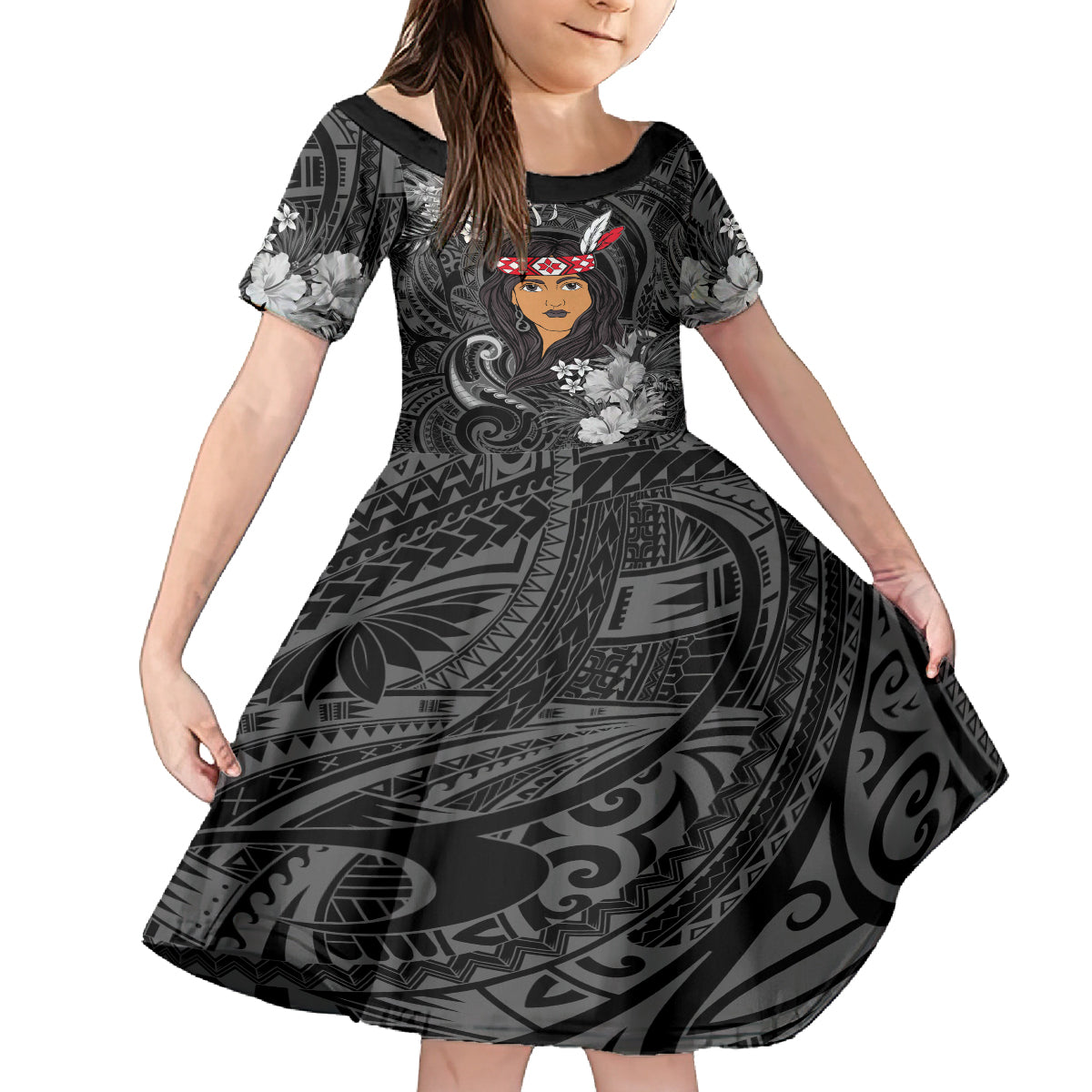 New Zealand Custom Women's Day Family Matching Off Shoulder Maxi Dress and Hawaiian Shirt Maori Girl Feathers of Hope - Black LT9 Daughter's Dress Black - Polynesian Pride