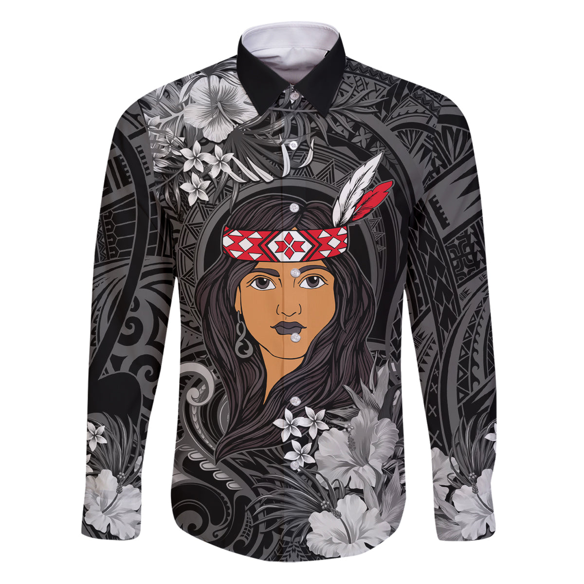 New Zealand Custom Women's Day Family Matching Puletasi and Hawaiian Shirt Maori Girl Feathers of Hope - Black LT9 Dad's Shirt - Long Sleeve Black - Polynesian Pride