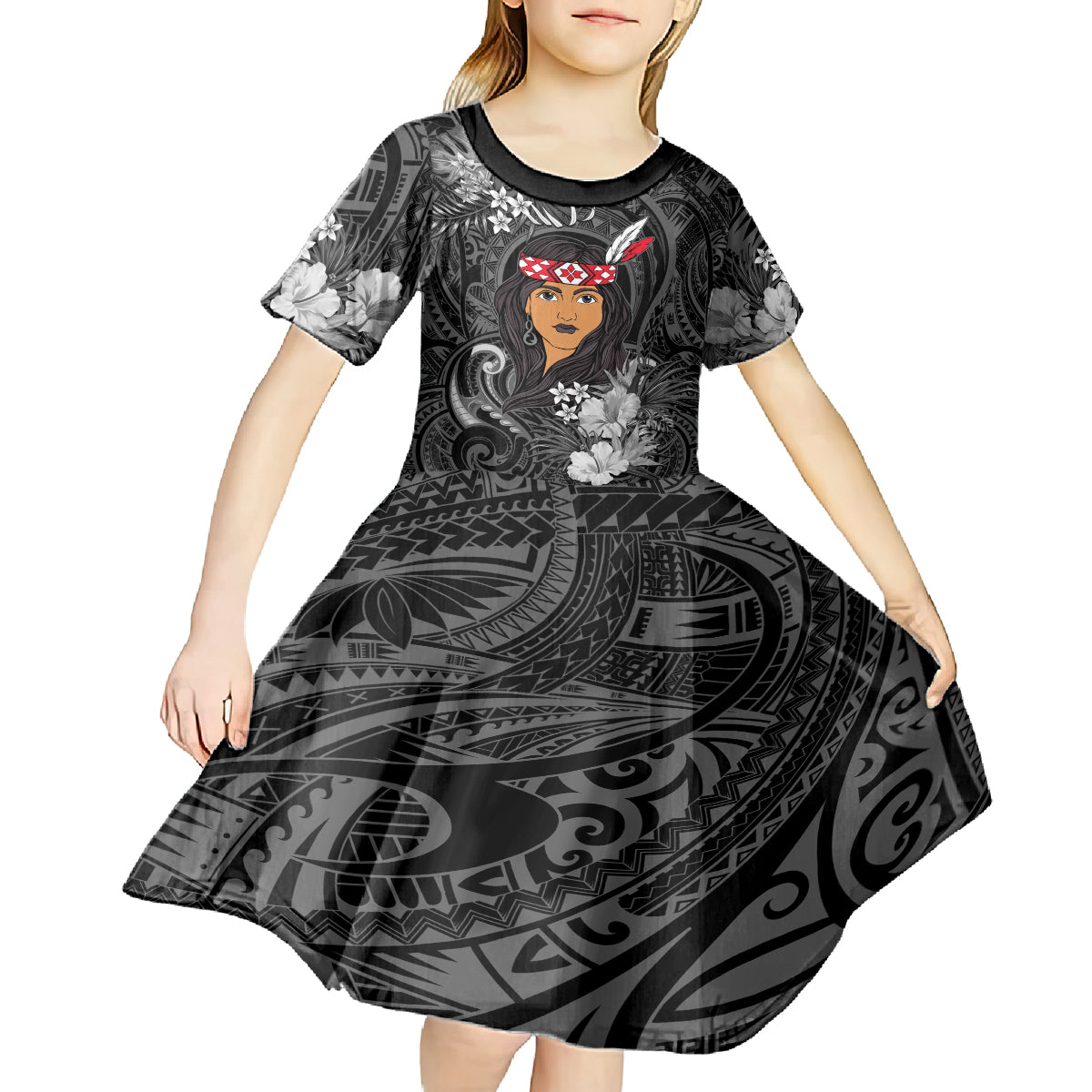 New Zealand Custom Women's Day Kid Short Sleeve Dress Maori Girl Feathers of Hope - Black LT9 - Polynesian Pride
