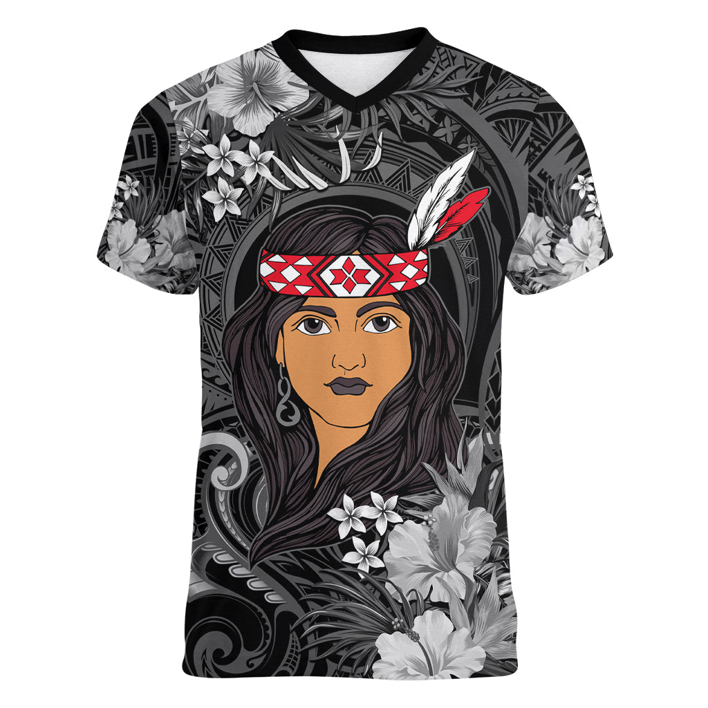 New Zealand Custom Women's Day Women V Neck T Shirt Maori Girl Feathers of Hope - Black LT9 Female Black - Polynesian Pride