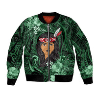 New Zealand Custom Women's Day Bomber Jacket Maori Girl Feathers of Hope - Green LT9 Unisex Green - Polynesian Pride