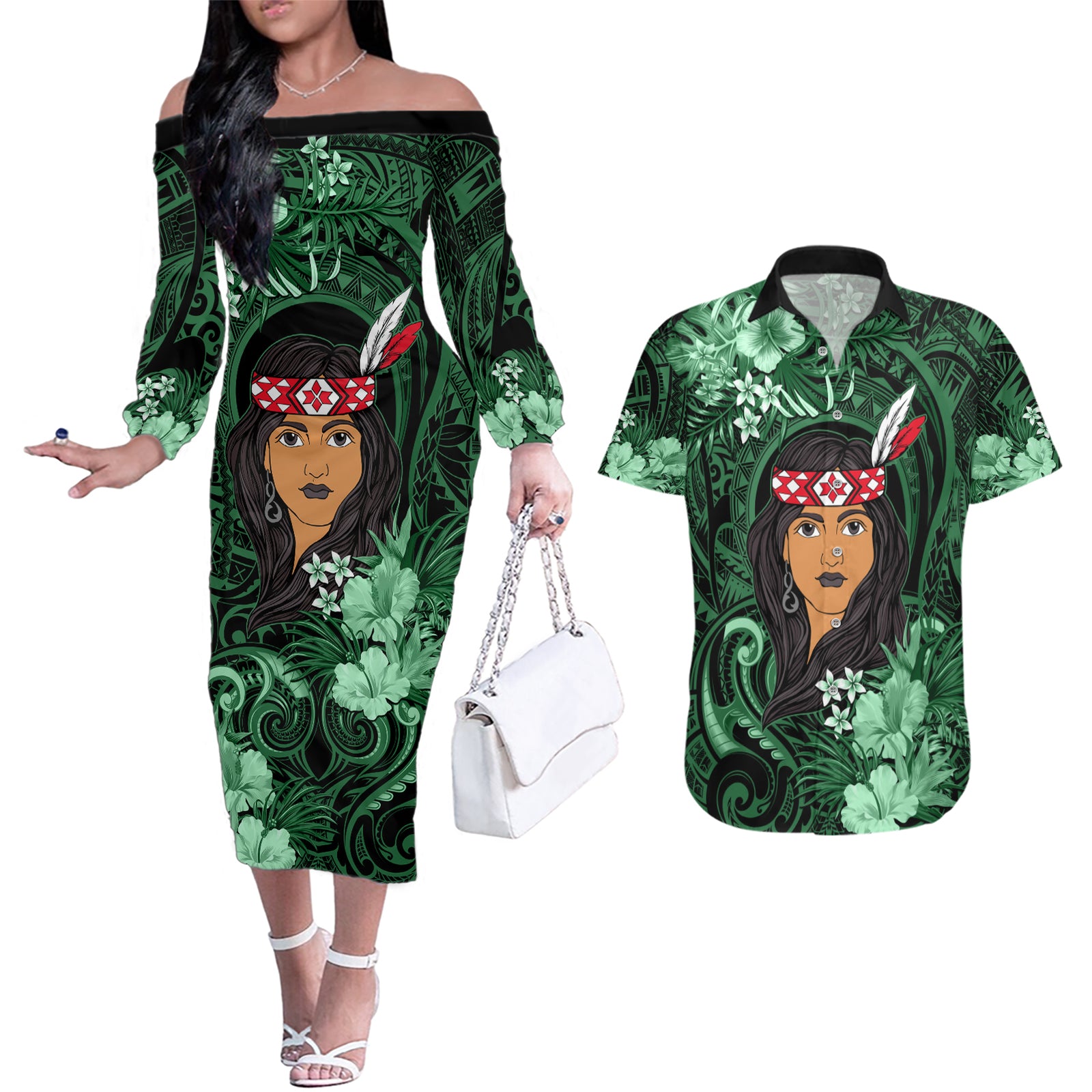 New Zealand Custom Women's Day Couples Matching Off The Shoulder Long Sleeve Dress and Hawaiian Shirt Maori Girl Feathers of Hope - Green LT9 Green - Polynesian Pride