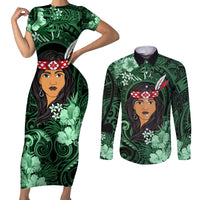 New Zealand Custom Women's Day Couples Matching Short Sleeve Bodycon Dress and Long Sleeve Button Shirt Maori Girl Feathers of Hope - Green LT9 Green - Polynesian Pride