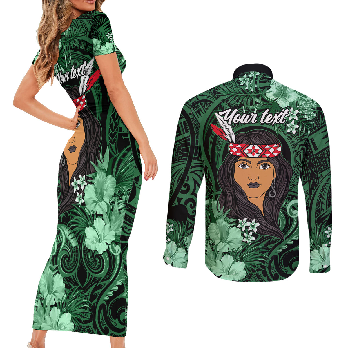 New Zealand Custom Women's Day Couples Matching Short Sleeve Bodycon Dress and Long Sleeve Button Shirt Maori Girl Feathers of Hope - Green LT9 - Polynesian Pride