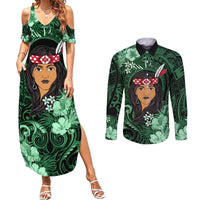 New Zealand Custom Women's Day Couples Matching Summer Maxi Dress and Long Sleeve Button Shirt Maori Girl Feathers of Hope - Green LT9 Green - Polynesian Pride