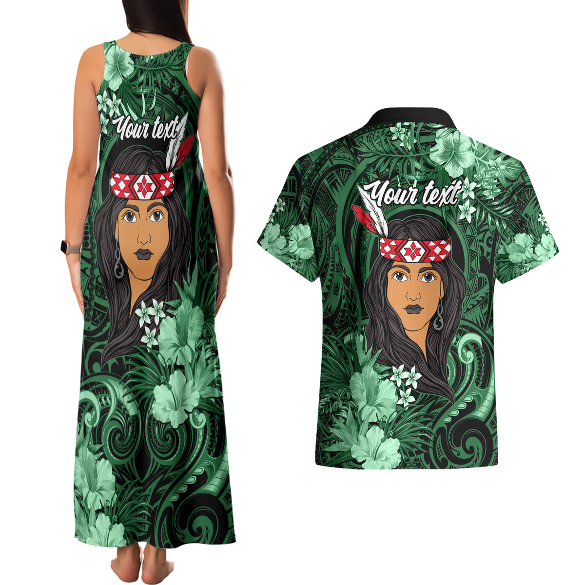 New Zealand Custom Women's Day Couples Matching Tank Maxi Dress and Hawaiian Shirt Maori Girl Feathers of Hope - Green LT9 - Polynesian Pride