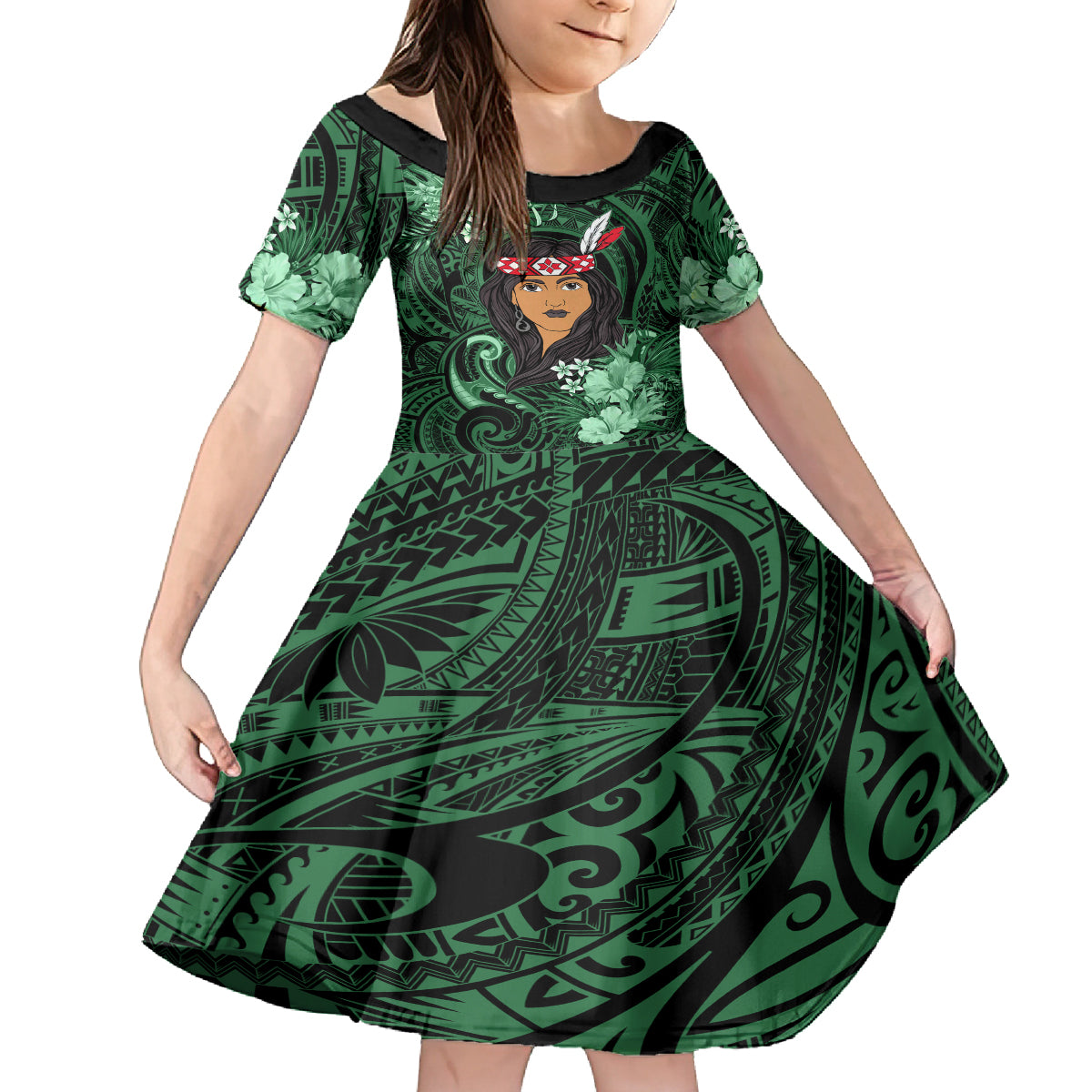 New Zealand Custom Women's Day Family Matching Off Shoulder Long Sleeve Dress and Hawaiian Shirt Maori Girl Feathers of Hope - Green LT9 Daughter's Dress Green - Polynesian Pride