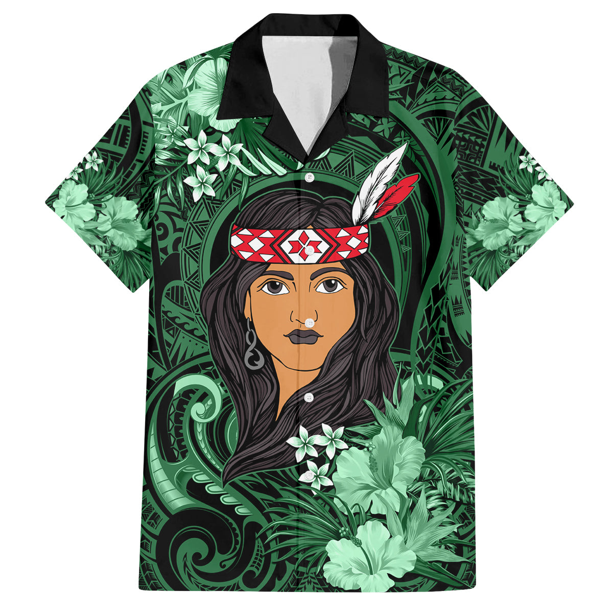 New Zealand Custom Women's Day Family Matching Off Shoulder Long Sleeve Dress and Hawaiian Shirt Maori Girl Feathers of Hope - Green LT9 Dad's Shirt - Short Sleeve Green - Polynesian Pride