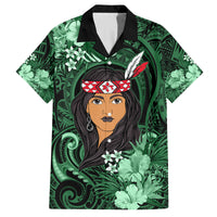 New Zealand Custom Women's Day Family Matching Off Shoulder Long Sleeve Dress and Hawaiian Shirt Maori Girl Feathers of Hope - Green LT9 Dad's Shirt - Short Sleeve Green - Polynesian Pride