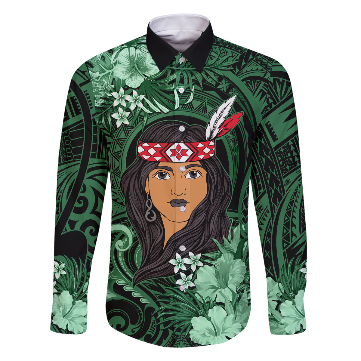 New Zealand Custom Women's Day Family Matching Tank Maxi Dress and Hawaiian Shirt Maori Girl Feathers of Hope - Green LT9 Dad's Shirt - Long Sleeve Green - Polynesian Pride