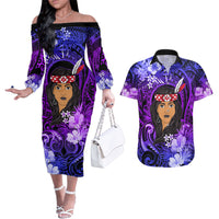 New Zealand Custom Women's Day Couples Matching Off The Shoulder Long Sleeve Dress and Hawaiian Shirt Maori Girl Feathers of Hope - Purple LT9 Purple - Polynesian Pride
