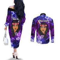 New Zealand Custom Women's Day Couples Matching Off The Shoulder Long Sleeve Dress and Long Sleeve Button Shirt Maori Girl Feathers of Hope - Purple LT9 - Polynesian Pride