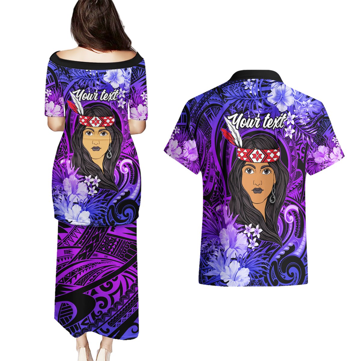 New Zealand Custom Women's Day Couples Matching Puletasi and Hawaiian Shirt Maori Girl Feathers of Hope - Purple LT9 - Polynesian Pride
