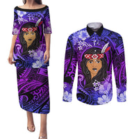 New Zealand Custom Women's Day Couples Matching Puletasi and Long Sleeve Button Shirt Maori Girl Feathers of Hope - Purple LT9 Purple - Polynesian Pride