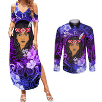 New Zealand Custom Women's Day Couples Matching Summer Maxi Dress and Long Sleeve Button Shirt Maori Girl Feathers of Hope - Purple LT9 Purple - Polynesian Pride