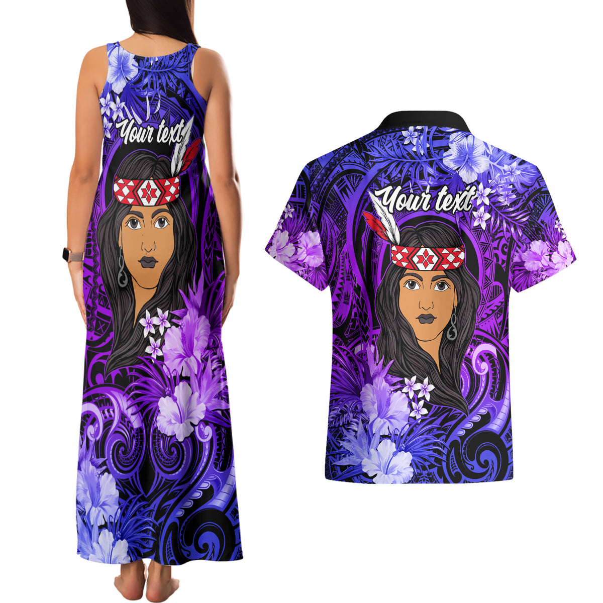 New Zealand Custom Women's Day Couples Matching Tank Maxi Dress and Hawaiian Shirt Maori Girl Feathers of Hope - Purple LT9 - Polynesian Pride