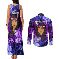 New Zealand Custom Women's Day Couples Matching Tank Maxi Dress and Long Sleeve Button Shirt Maori Girl Feathers of Hope - Purple LT9 - Polynesian Pride