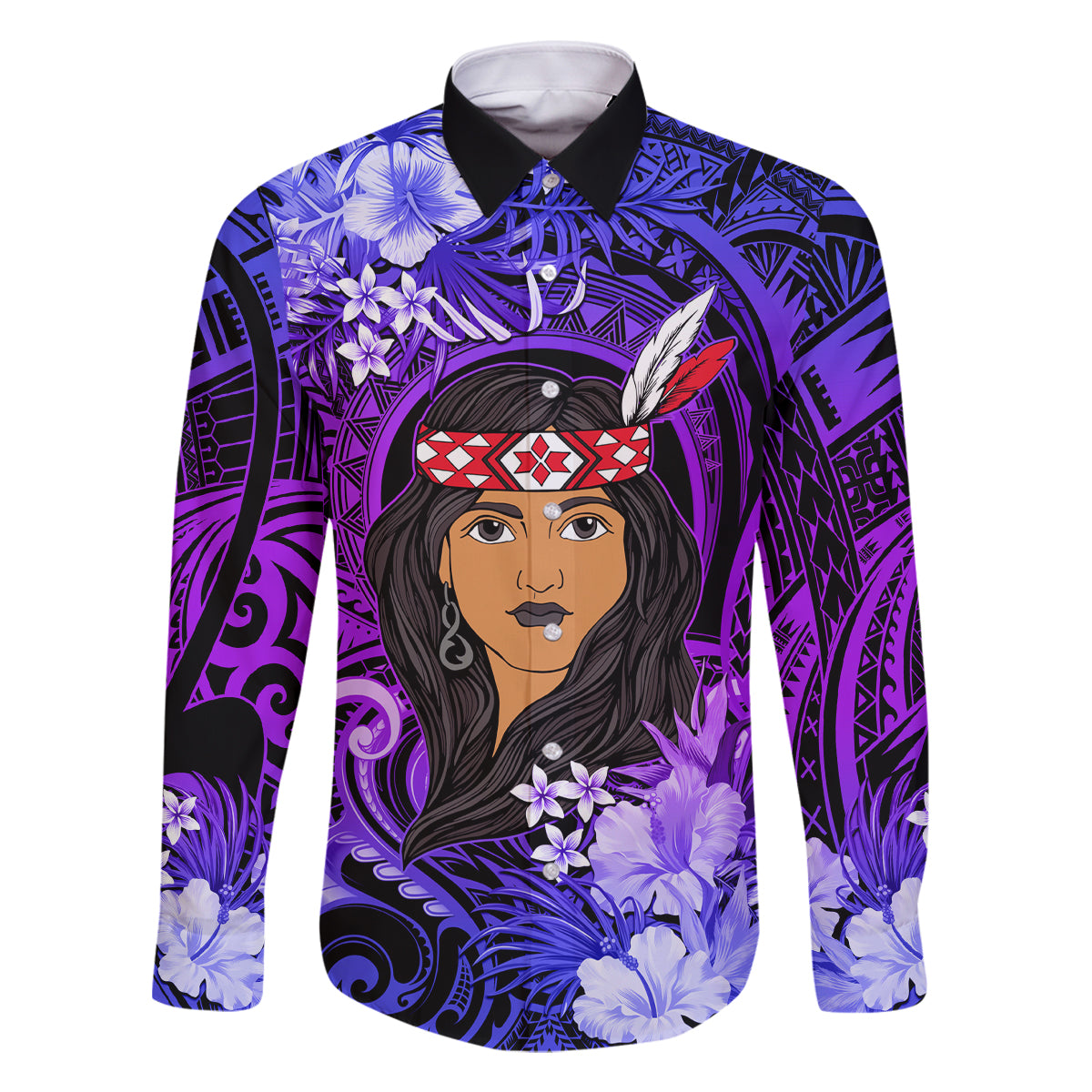 New Zealand Custom Women's Day Family Matching Off Shoulder Maxi Dress and Hawaiian Shirt Maori Girl Feathers of Hope - Purple LT9 Dad's Shirt - Long Sleeve Purple - Polynesian Pride