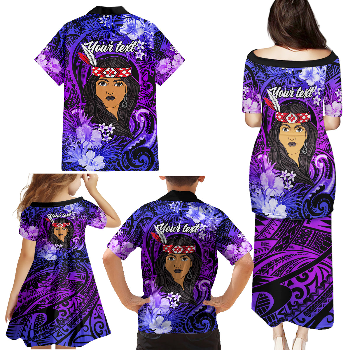 New Zealand Custom Women's Day Family Matching Puletasi and Hawaiian Shirt Maori Girl Feathers of Hope - Purple LT9 - Polynesian Pride
