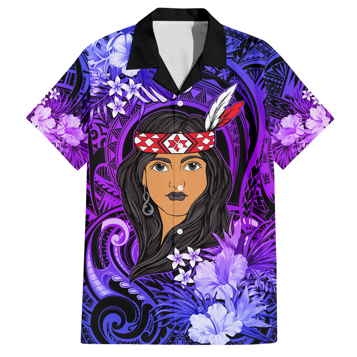 New Zealand Custom Women's Day Family Matching Puletasi and Hawaiian Shirt Maori Girl Feathers of Hope - Purple LT9 Dad's Shirt - Short Sleeve Purple - Polynesian Pride