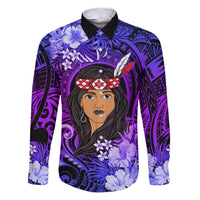 New Zealand Custom Women's Day Family Matching Puletasi and Hawaiian Shirt Maori Girl Feathers of Hope - Purple LT9 Dad's Shirt - Long Sleeve Purple - Polynesian Pride