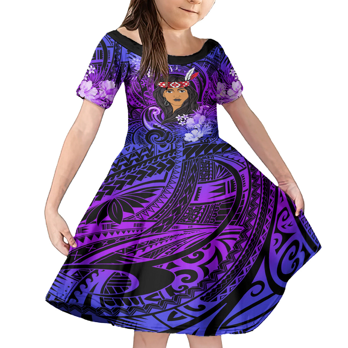 New Zealand Custom Women's Day Family Matching Tank Maxi Dress and Hawaiian Shirt Maori Girl Feathers of Hope - Purple LT9 Daughter's Dress Purple - Polynesian Pride