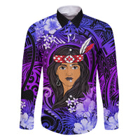 New Zealand Custom Women's Day Family Matching Tank Maxi Dress and Hawaiian Shirt Maori Girl Feathers of Hope - Purple LT9 Dad's Shirt - Long Sleeve Purple - Polynesian Pride