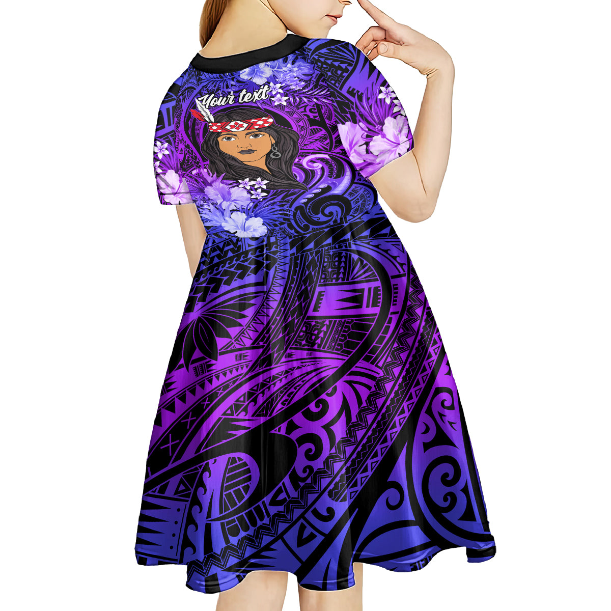 New Zealand Custom Women's Day Kid Short Sleeve Dress Maori Girl Feathers of Hope - Purple LT9 - Polynesian Pride