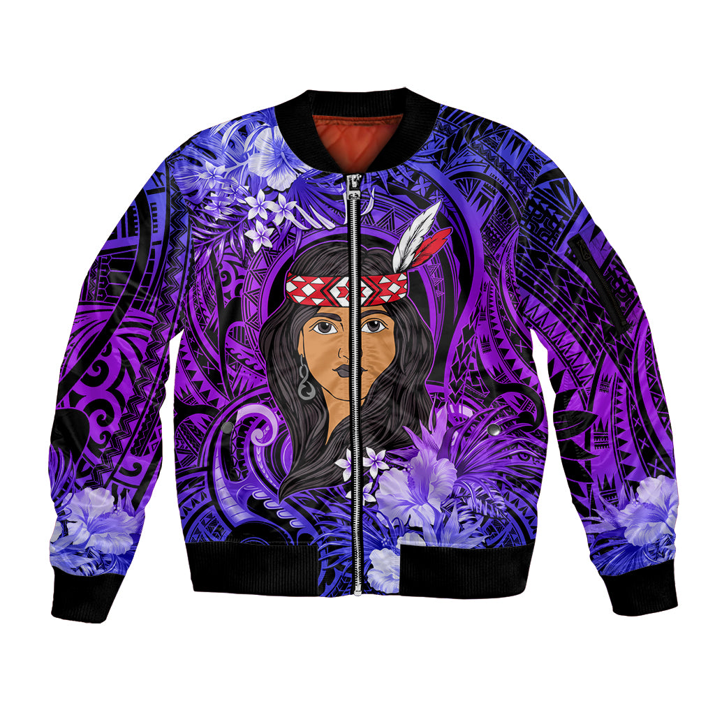 New Zealand Custom Women's Day Sleeve Zip Bomber Jacket Maori Girl Feathers of Hope - Purple LT9 Unisex Purple - Polynesian Pride