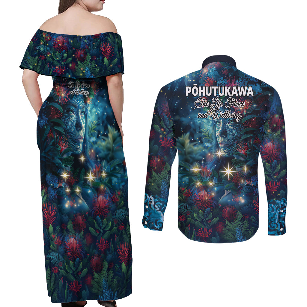 New Zealand Matariki Pohutukawa Couples Matching Off Shoulder Maxi Dress and Long Sleeve Button Shirt Te Mauri te Ora