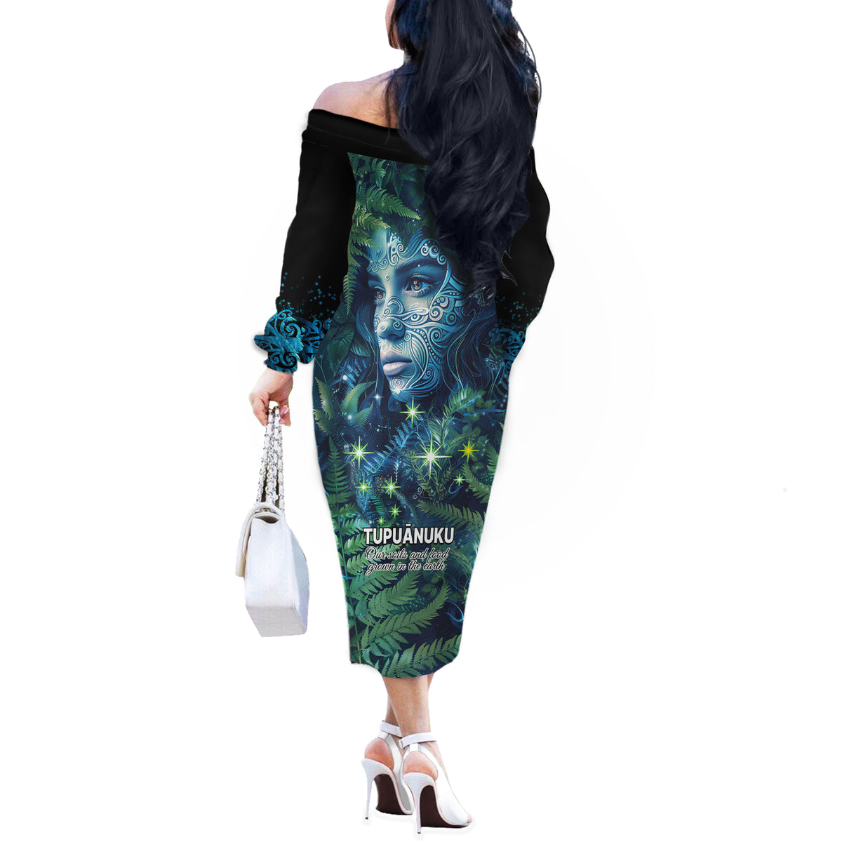 New Zealand Matariki Tupuanuku Off The Shoulder Long Sleeve Dress Te Wā o te Hauhake