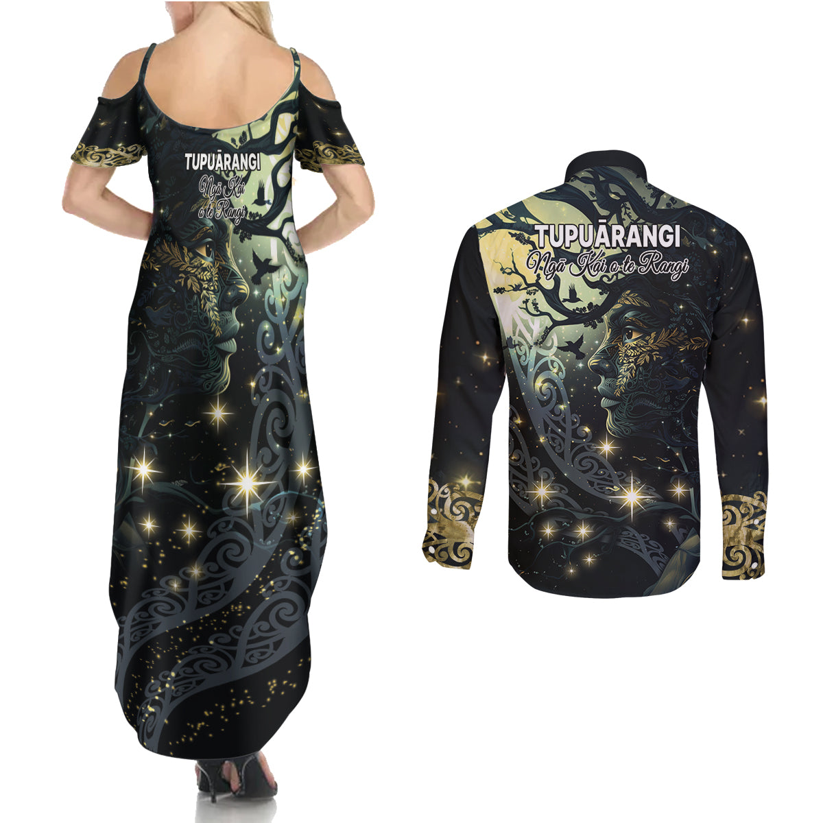 New Zealand Matariki Tupuarangi Couples Matching Summer Maxi Dress and Long Sleeve Button Shirt Ngā Kai o te Rangi