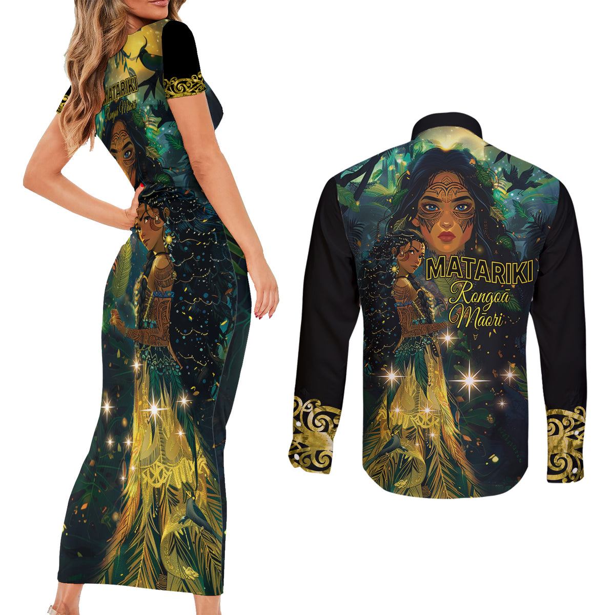 New Zealand Matariki Couples Matching Short Sleeve Bodycon Dress and Long Sleeve Button Shirt Rongoā Māori Wellbeing and Good Luck