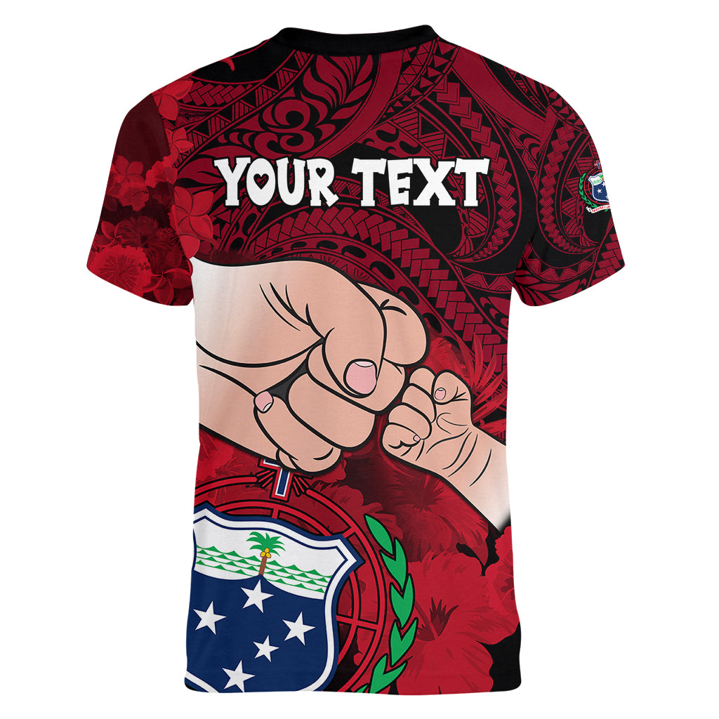 Personalised Dads Day Samoa Women V Neck T Shirt Dad Ou Te Alofa Ia Te Oe Tama - Red Polynesian Flowers Tribal LT9 - Polynesian Pride