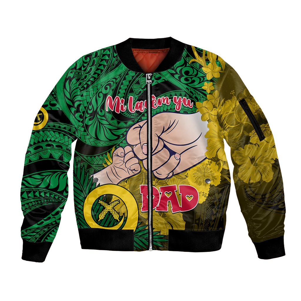 Dads Day Vanuatu Sleeve Zip Bomber Jacket Dad Mi lavem yu - Polynesian Flowers Tribal LT9 Unisex Green - Polynesian Pride