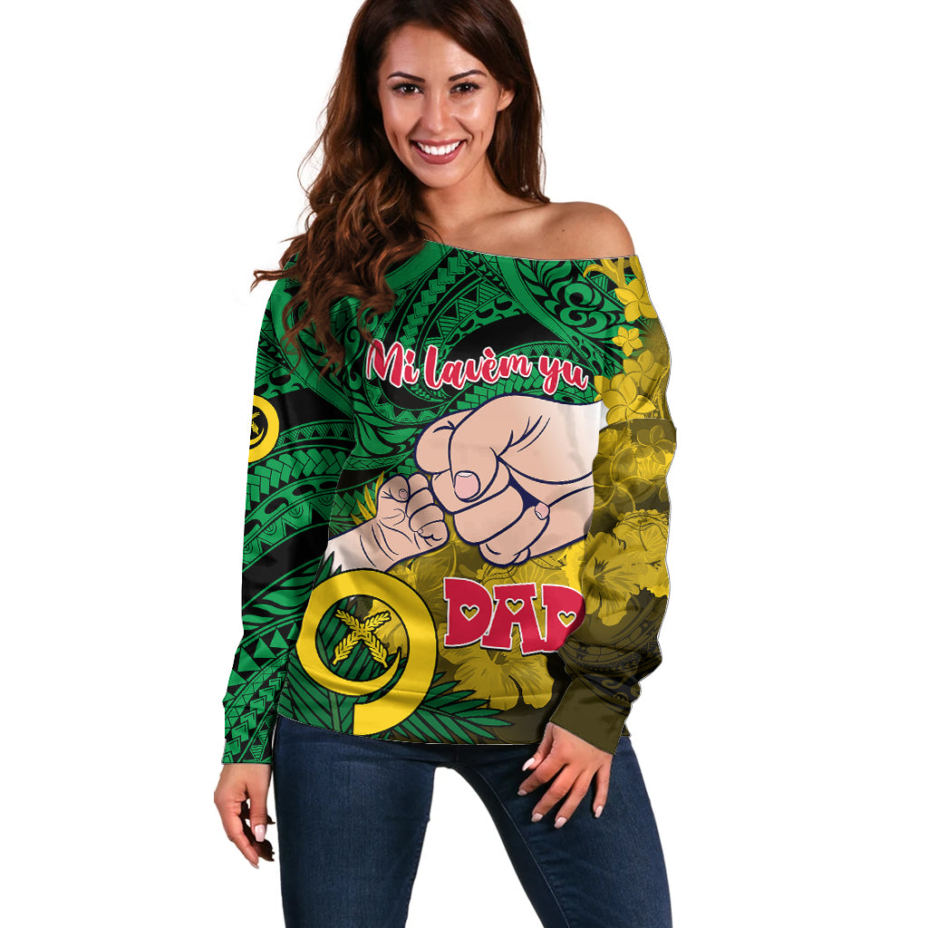 Personalised Dads Day Vanuatu Off Shoulder Sweater Dad Mi lavem yu - Polynesian Flowers Tribal LT9 Women Green - Polynesian Pride