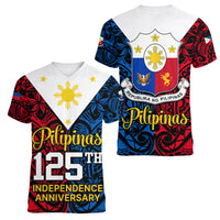 125th Independence Anniversary Philippines Women V Neck T Shirt Polynesian Pilipinas Flag Style - Black LT9 - Polynesian Pride