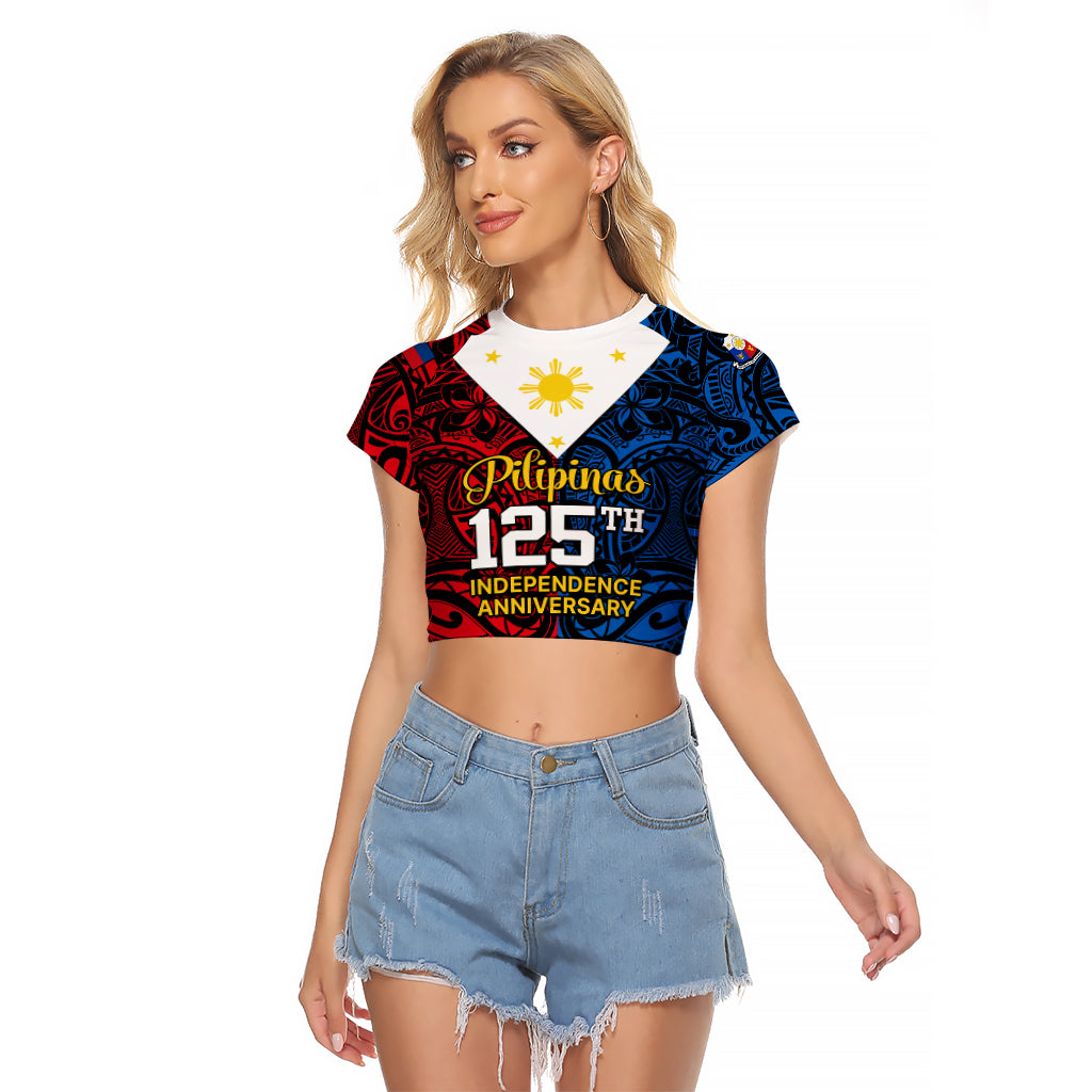 Personalised 125th Independence Anniversary Philippines Raglan Cropped T Shirt Polynesian Pilipinas Flag Style - Black LT9 Female Black - Polynesian Pride