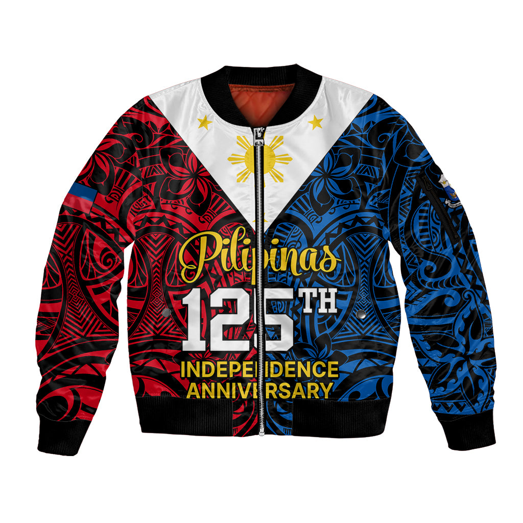 Personalised 125th Independence Anniversary Philippines Sleeve Zip Bomber Jacket Polynesian Pilipinas Flag Style - Black LT9 Unisex Black - Polynesian Pride