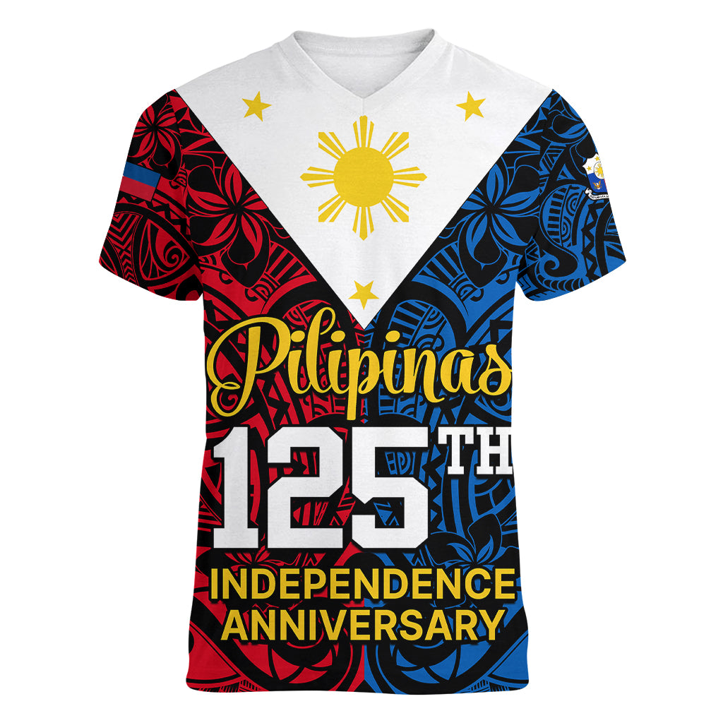 Personalised Polynesian Philippines Women V Neck T Shirt Pilipinas Flag Style for 125th Independence Anniversary Black LT9 Female Black - Polynesian Pride