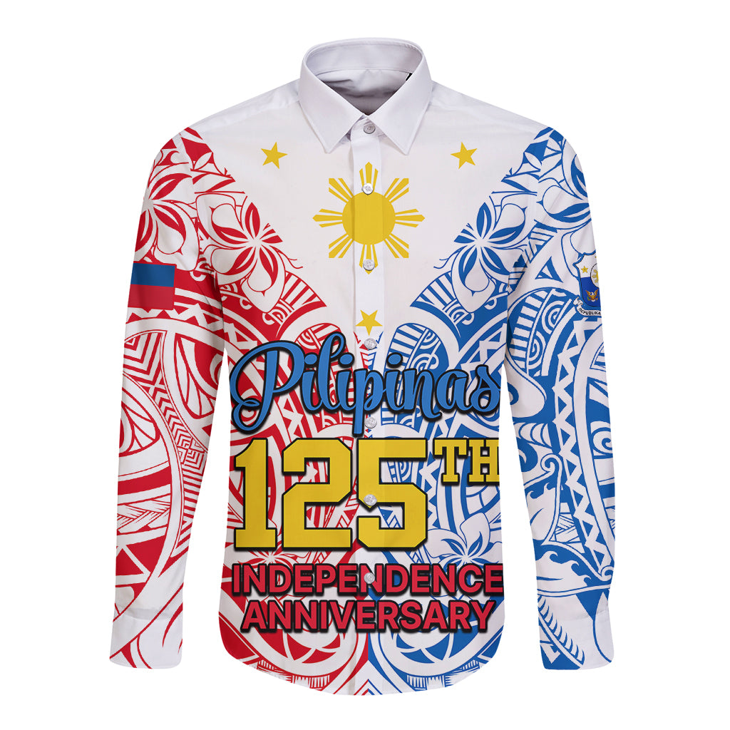 Personalised 125th Independence Anniversary Philippines Long Sleeve Button Shirt Polynesian Pilipinas Flag Style - White LT9 Unisex White - Polynesian Pride