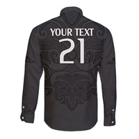 (Custom Text And Number) New Zealand Rugby Long Sleeve Button Shirt All Black Fern with Maori Tribal Pattern LT9 - Polynesian Pride