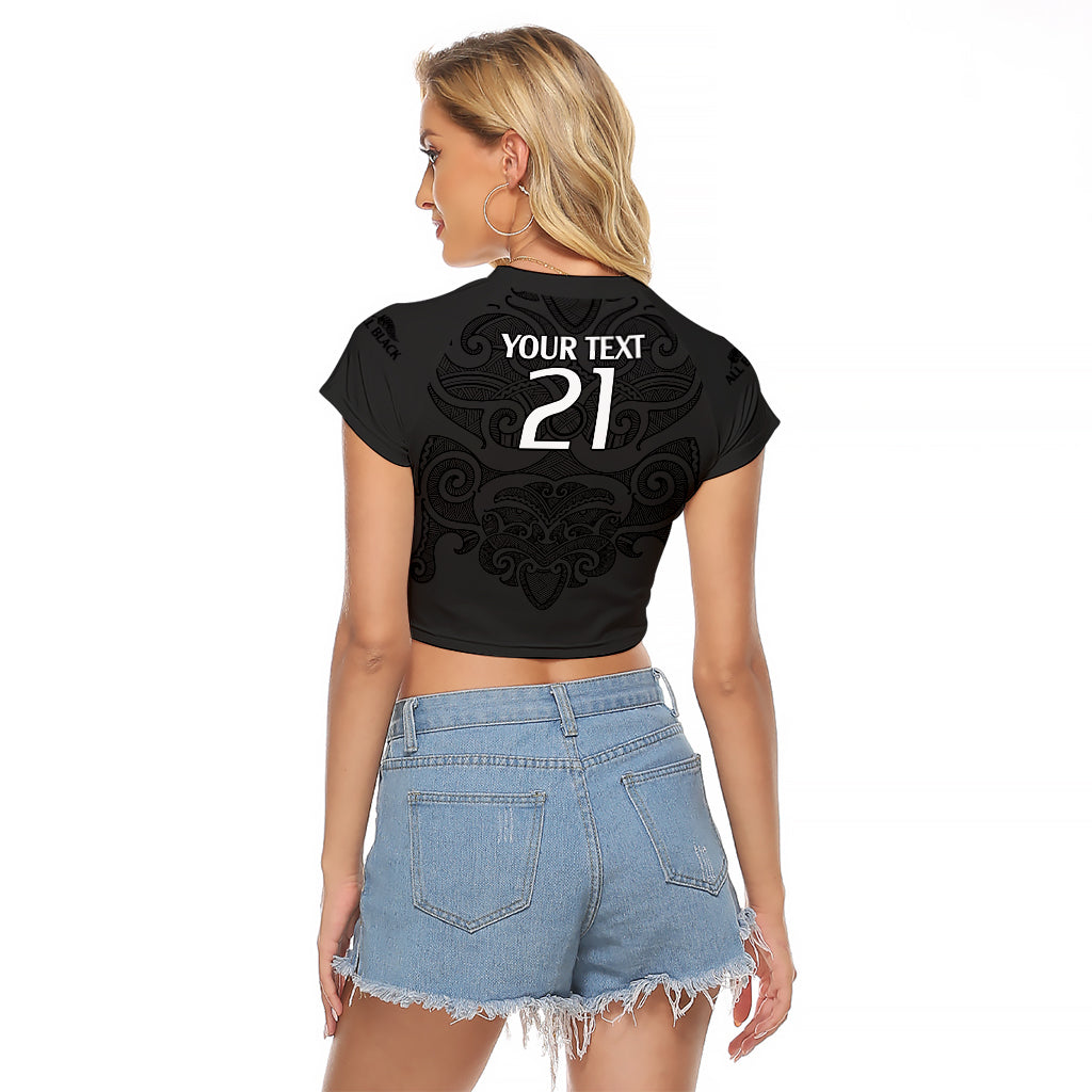 (Custom Text And Number) New Zealand Rugby Raglan Cropped T Shirt All Black Fern with Maori Tribal Pattern LT9 - Polynesian Pride