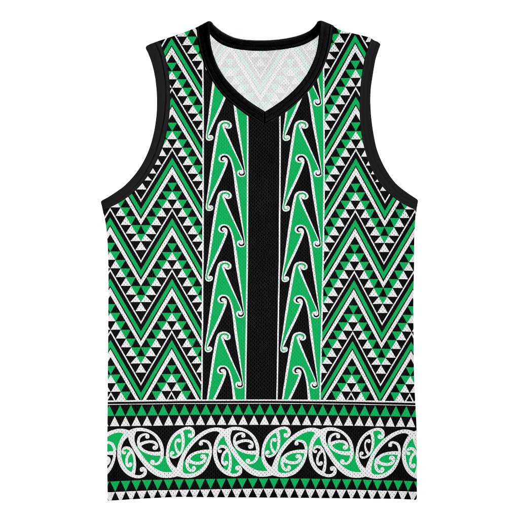 New Zealand Maori Niho Taniwha Basketball Jersey Kakariki Mangopare and Puhoro Pattern - Polynesian Pride