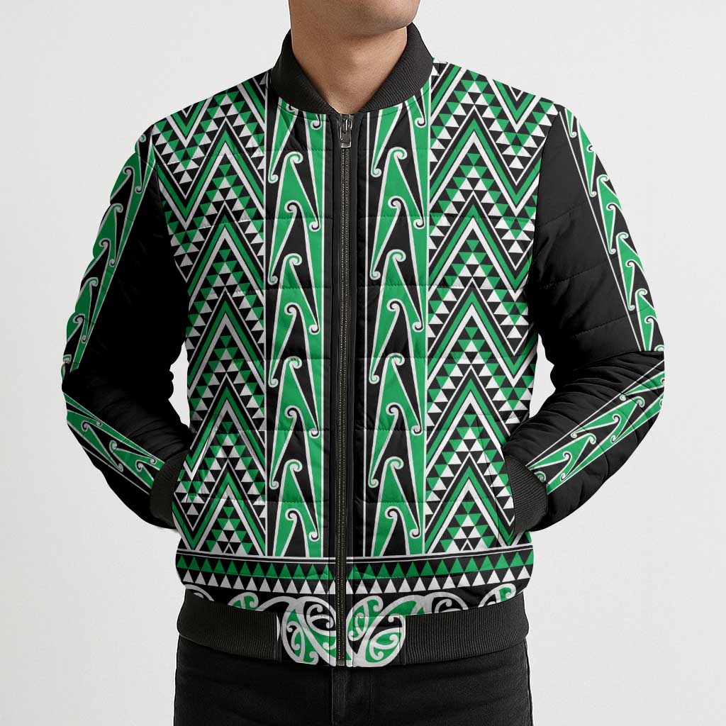 New Zealand Maori Niho Taniwha Bomber Puffer Jacket Kakariki Mangopare and Puhoro Pattern - Polynesian Pride
