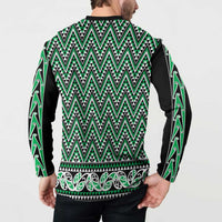 New Zealand Maori Niho Taniwha Button Sweatshirt Kakariki Mangopare and Puhoro Pattern