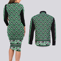New Zealand Maori Niho Taniwha Couples Matching Long Sleeve Bodycon Dress and Long Sleeve Button Shirt Kakariki Mangopare and Puhoro Pattern