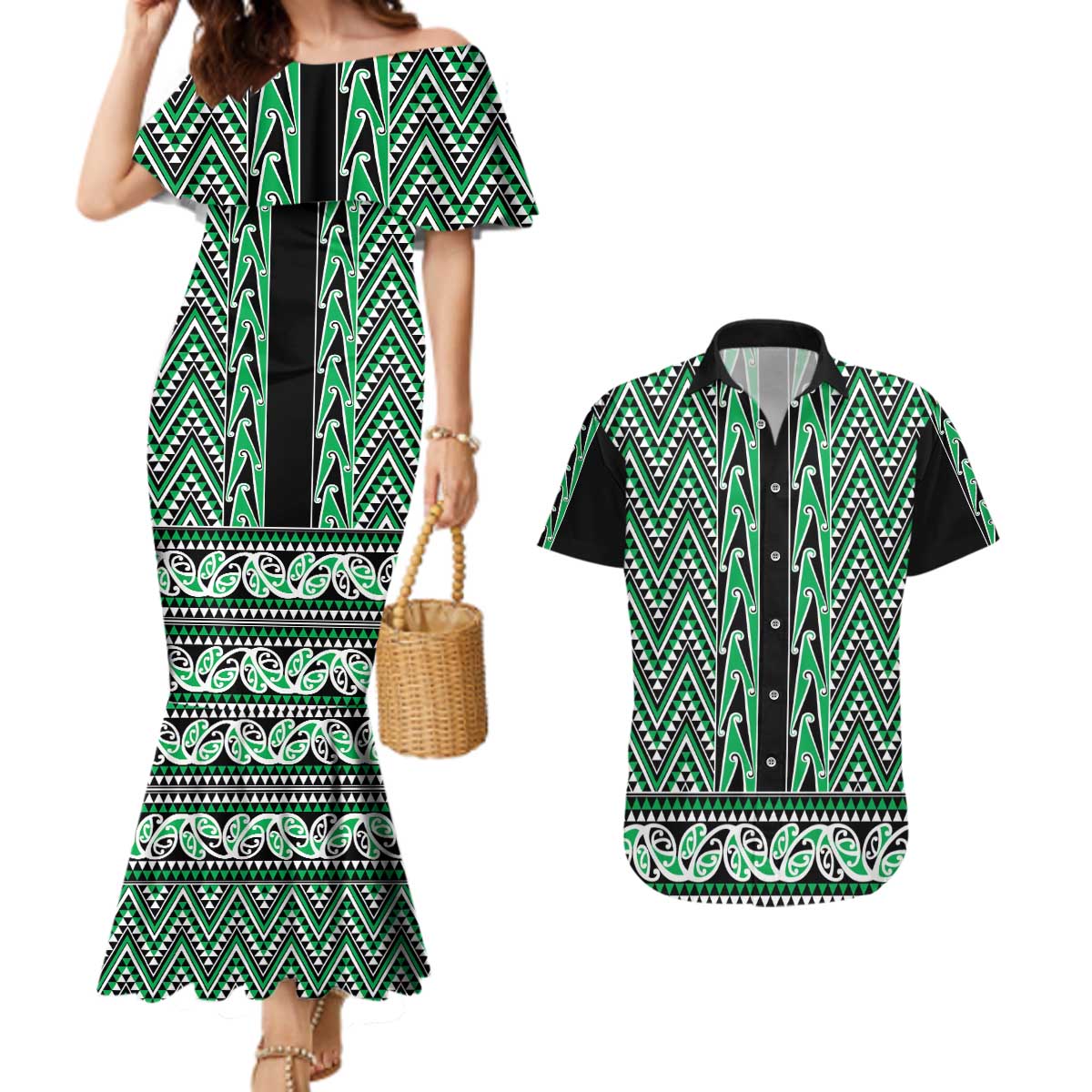 New Zealand Maori Niho Taniwha Couples Matching Mermaid Dress and Hawaiian Shirt Kakariki Mangopare and Puhoro Pattern