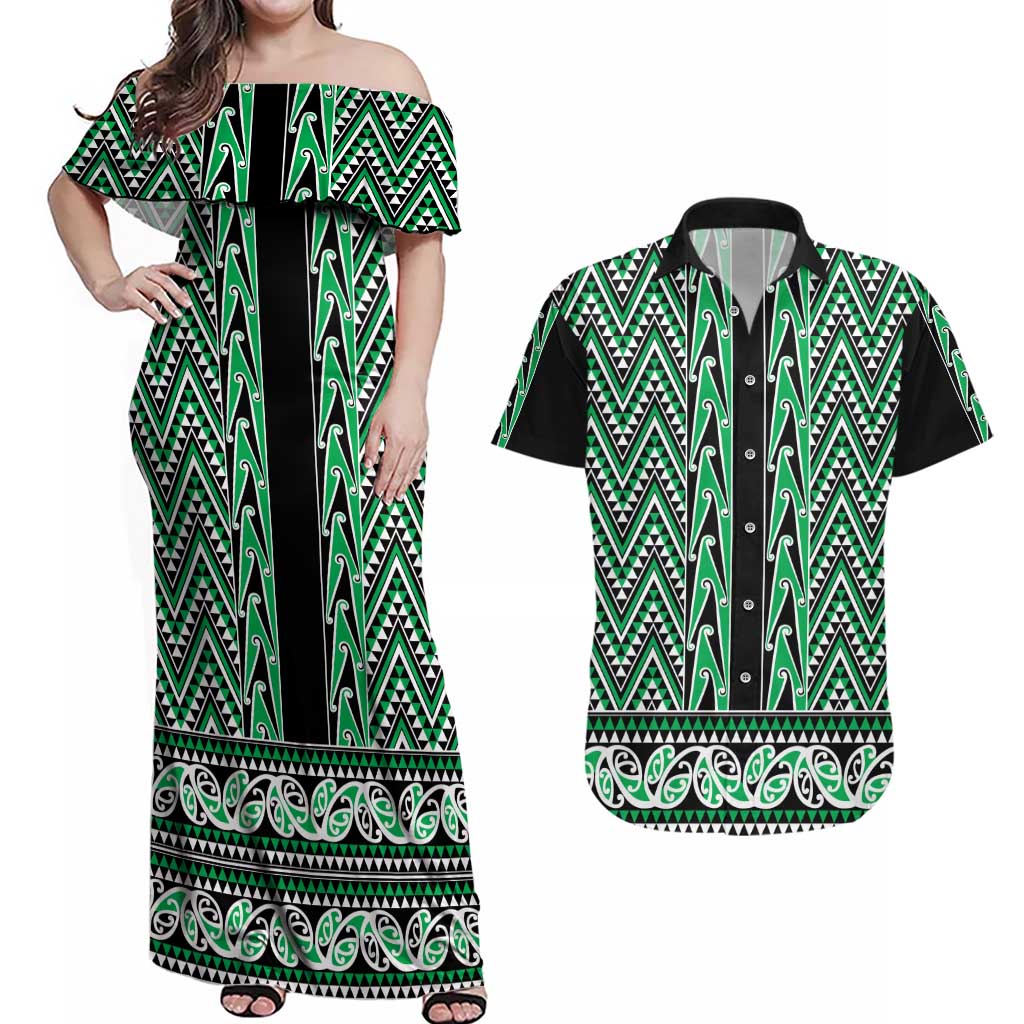 New Zealand Maori Niho Taniwha Couples Matching Off Shoulder Maxi Dress and Hawaiian Shirt Kakariki Mangopare and Puhoro Pattern